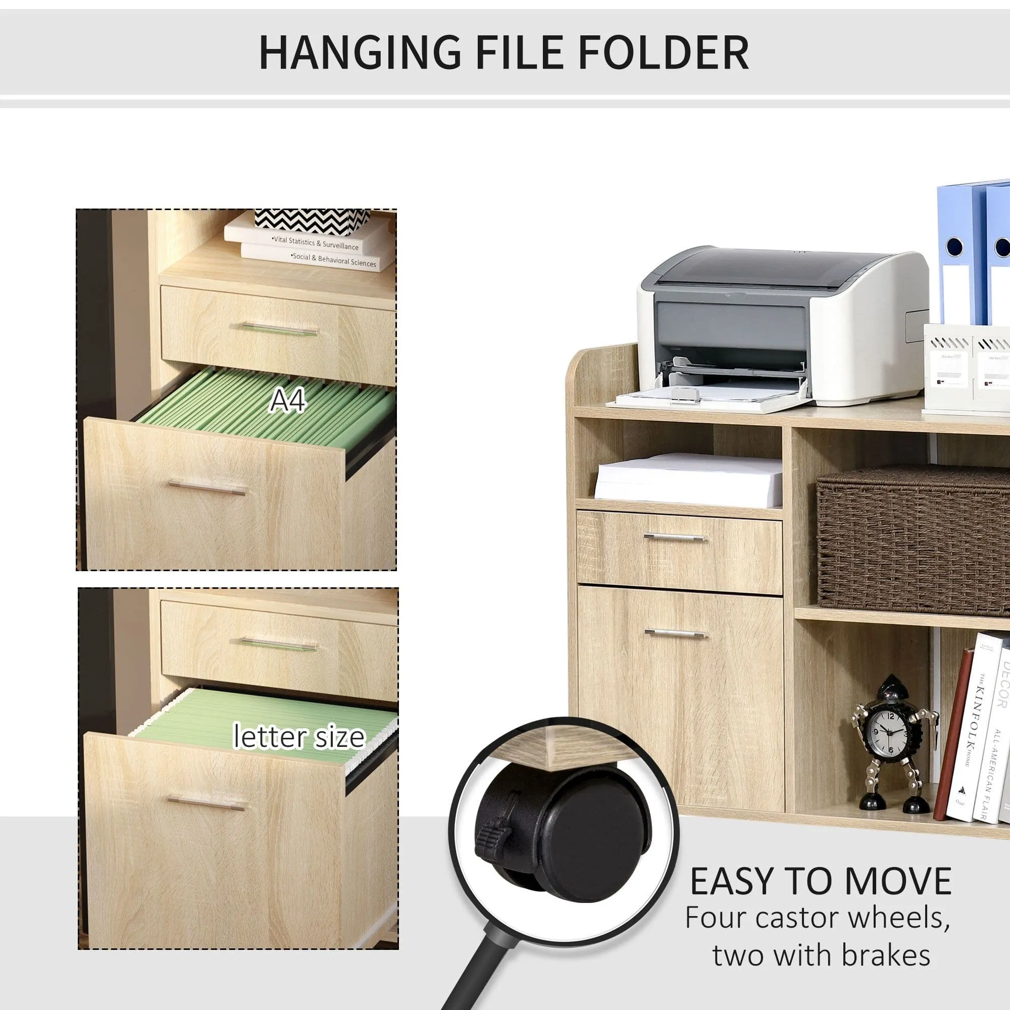 ProperAV Extra Multipurpose 2-Drawer Printer Stand Filing Cabinet - Oak