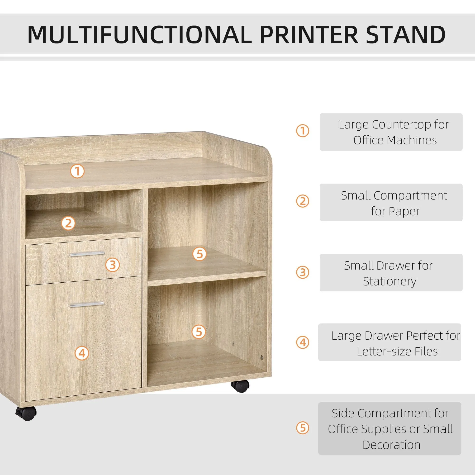 ProperAV Extra Multipurpose 2-Drawer Printer Stand Filing Cabinet - Oak
