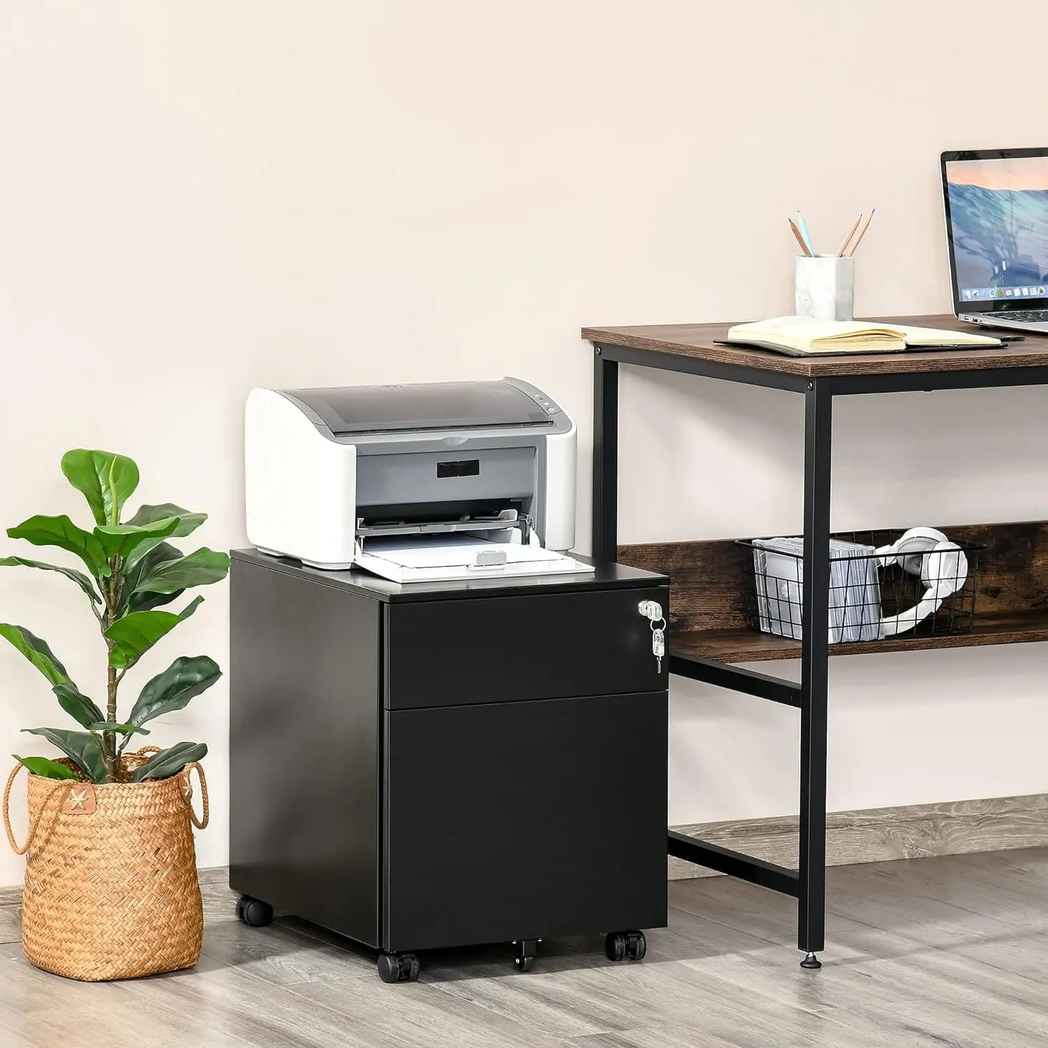 ProperAV Extra Vertical Lockable 2-Drawer Filing Cabinet with Pencil Tray & Casters