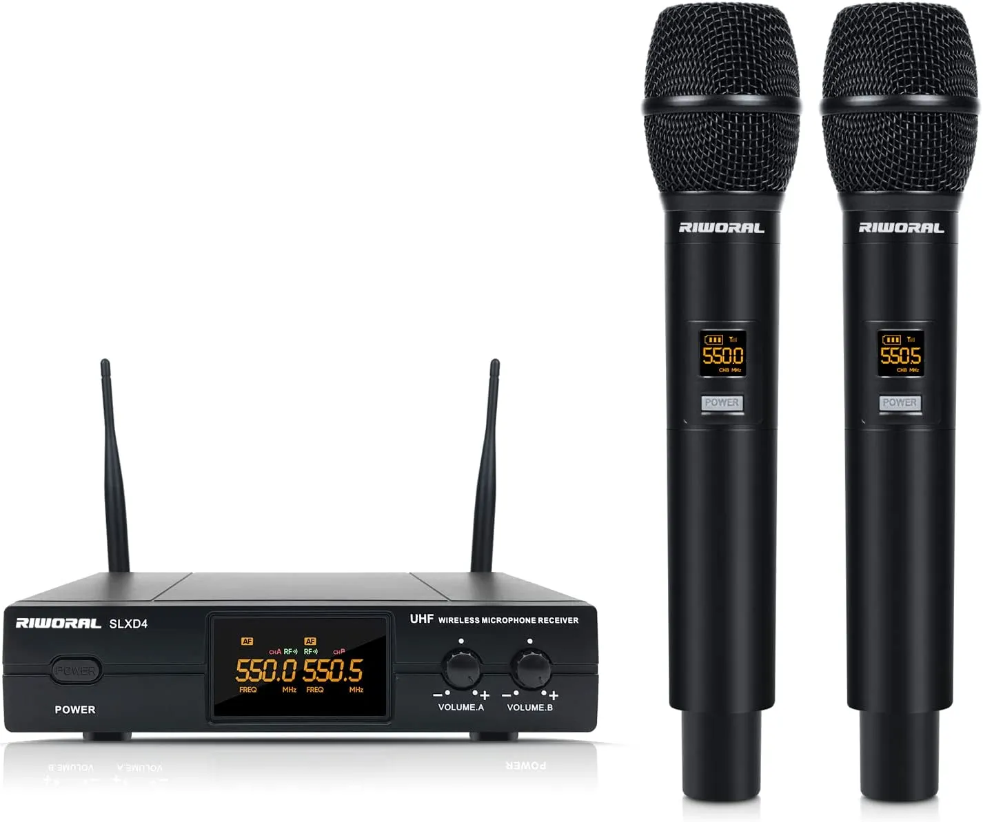 Riworal Wireless Microphone System Uhf Cordless Handheld Dual Mic Set Dynamic with BT Receiver Box   Volume Control (SLXD4)