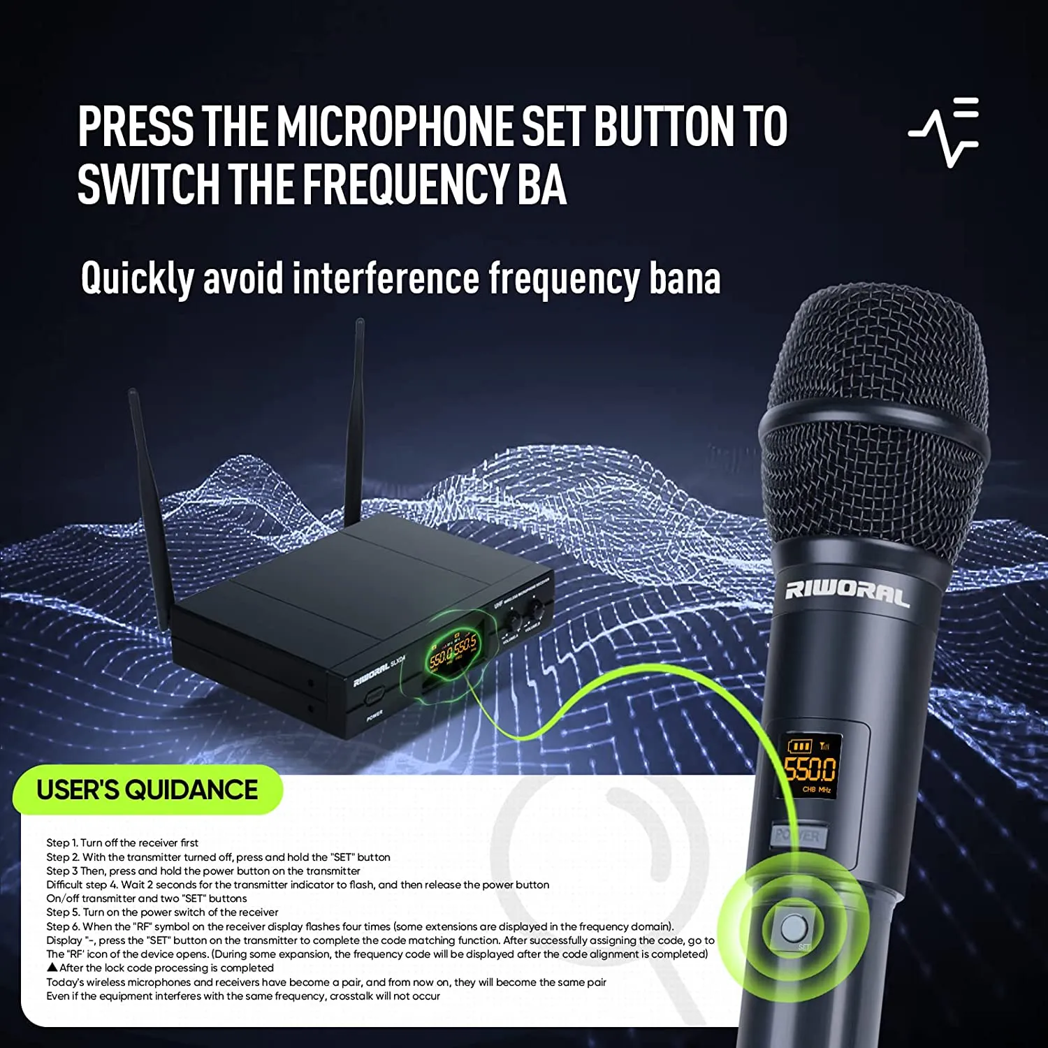 Riworal Wireless Microphone System Uhf Cordless Handheld Dual Mic Set Dynamic with BT Receiver Box   Volume Control (SLXD4)