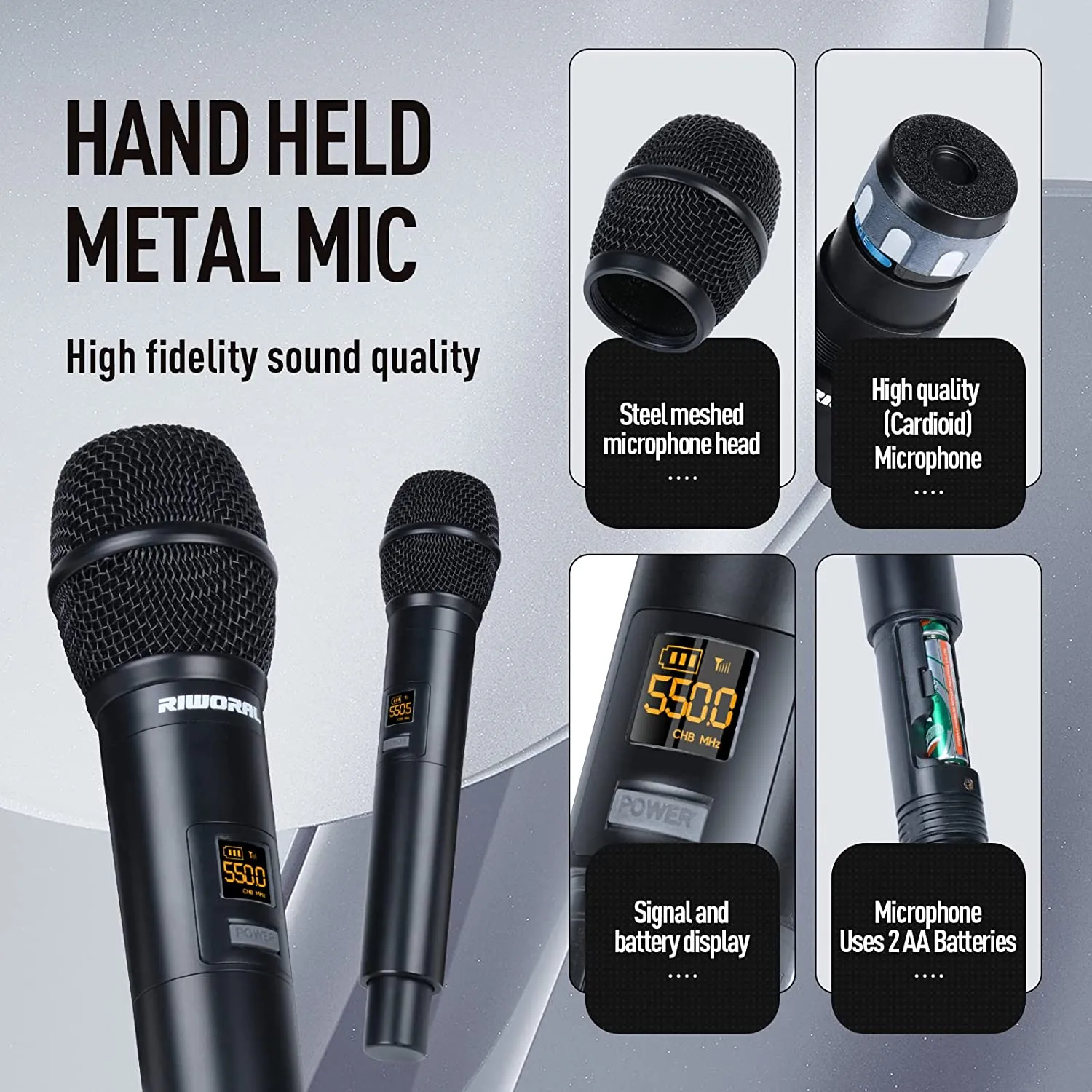 Riworal Wireless Microphone System Uhf Cordless Handheld Dual Mic Set Dynamic with BT Receiver Box   Volume Control (SLXD4)
