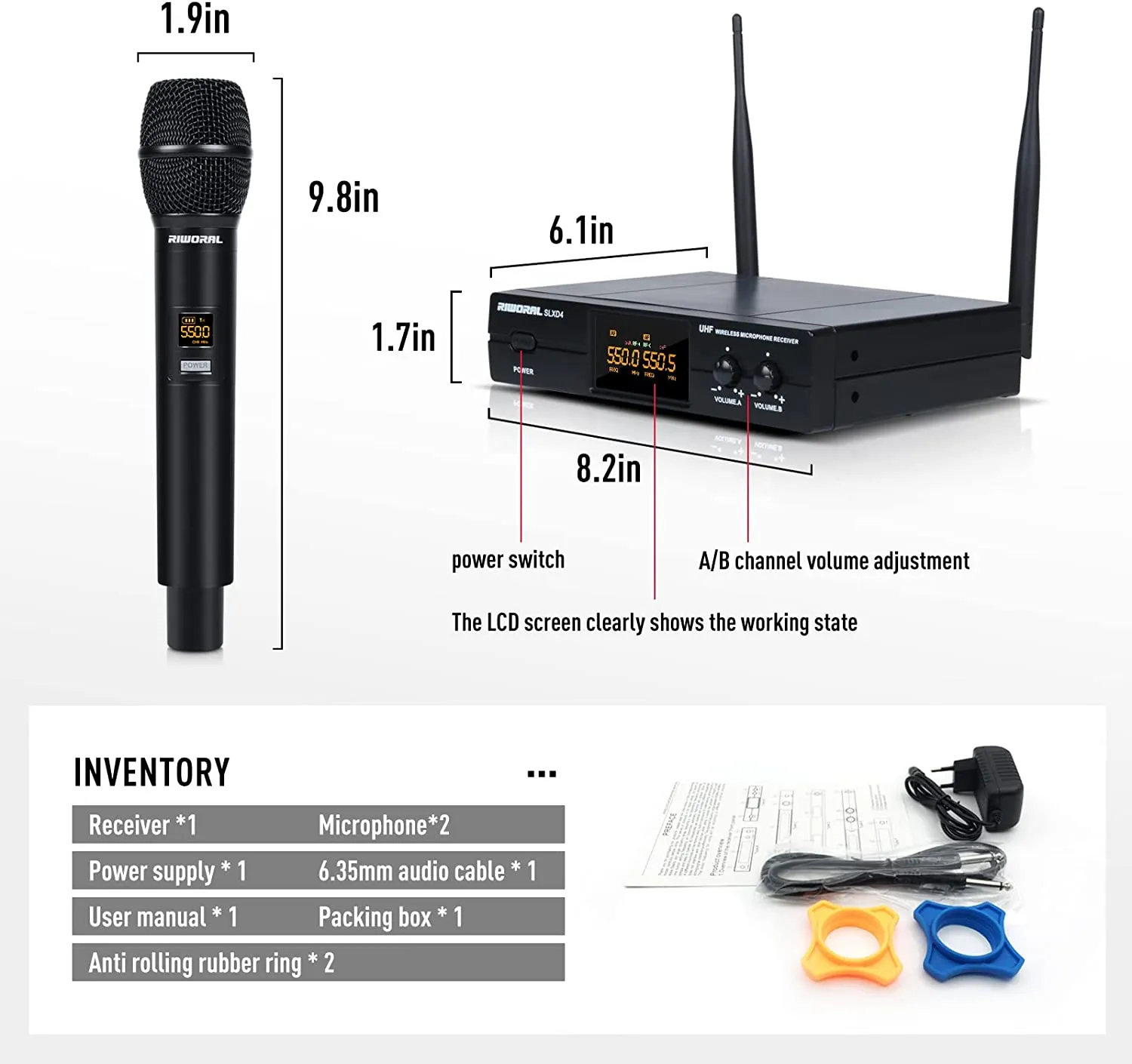 Riworal Wireless Microphone System Uhf Cordless Handheld Dual Mic Set Dynamic with BT Receiver Box   Volume Control (SLXD4)