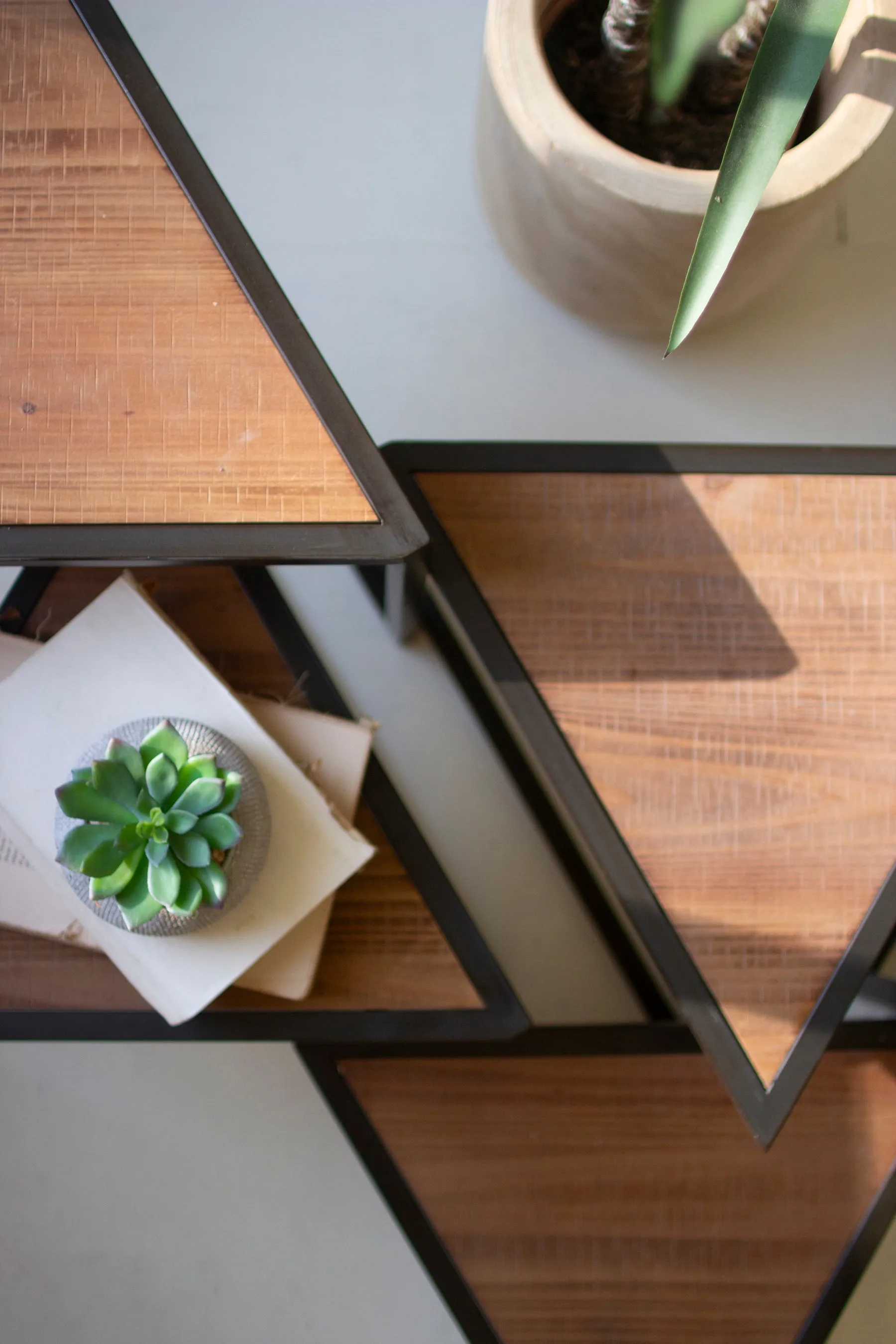 Set Of Six Metal And Wood Triangle Risers