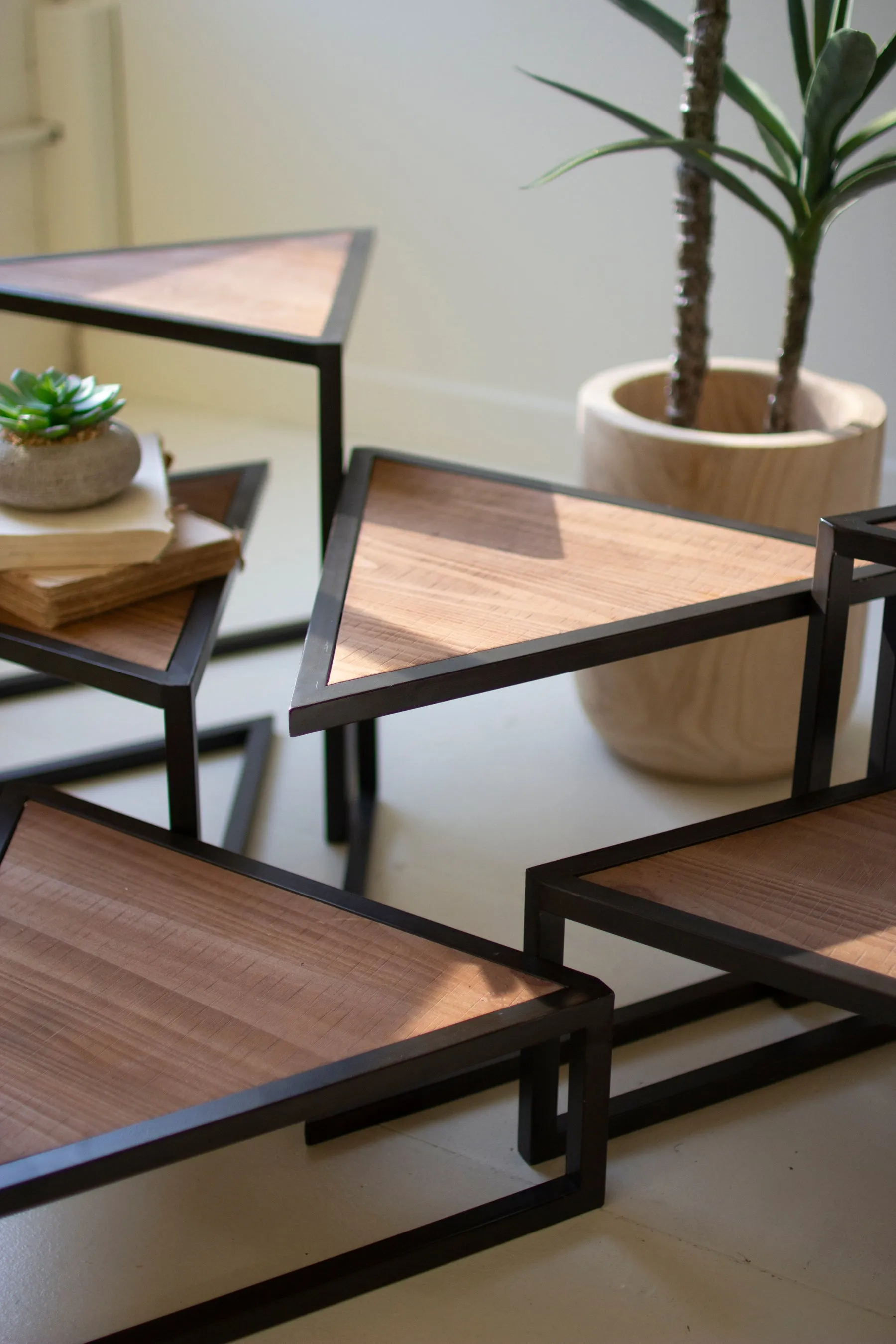 Set Of Six Metal And Wood Triangle Risers