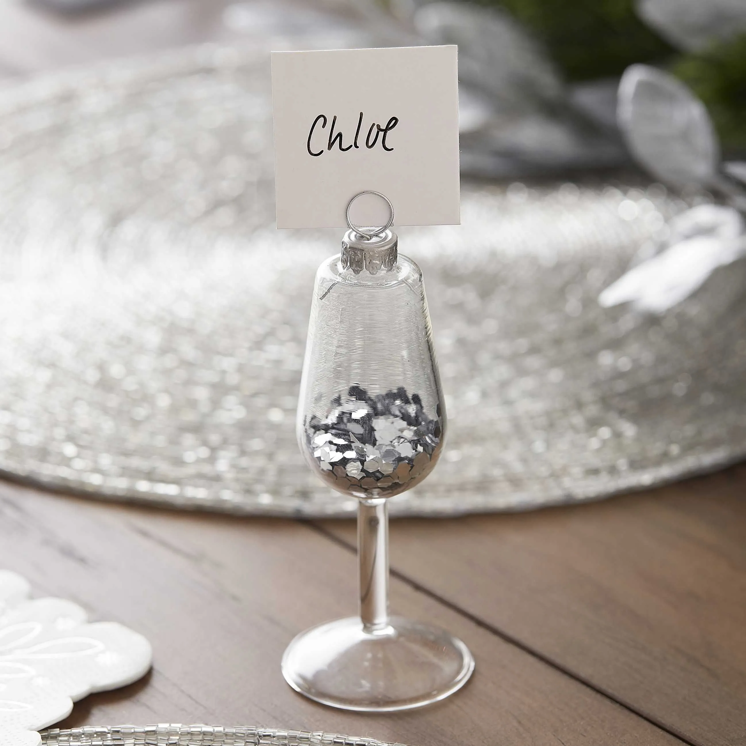 Silver Glass Confetti Place Card Holders