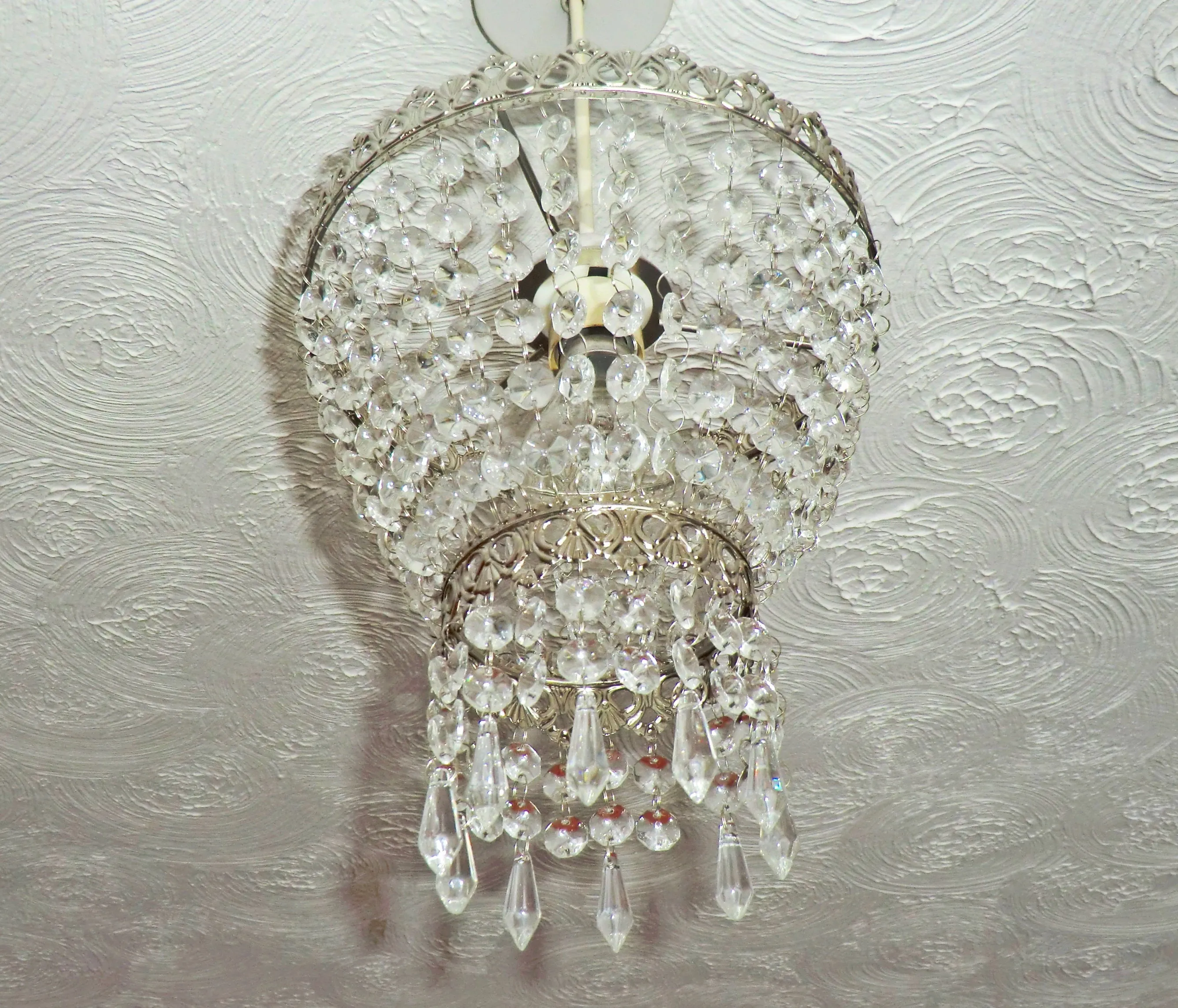 Silver Two Tier Chandelier Lampshade Pendant with Acrylic Beads Drops Ceiling Light Lamp Easy Fit