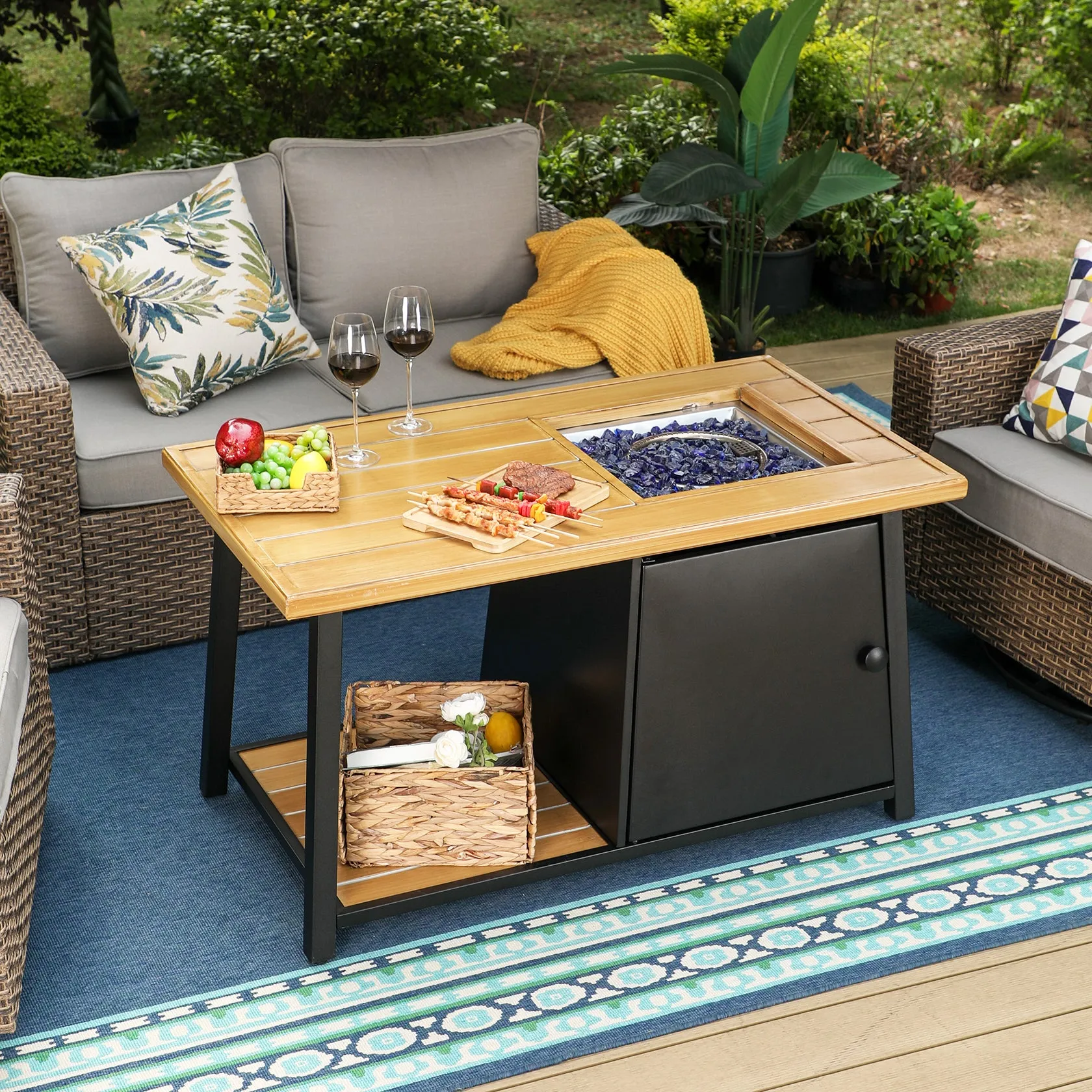 Sophia & William 46" x 26" Patio Fire Pit Tea Table 50,000 BTU with Wood-look Tabletop