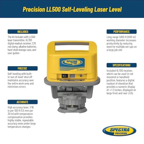Spectra Precision Self-Leveling Laser Level with Receiver, C70 Rod Clamp, Alkaline Batteries, and Carry Case