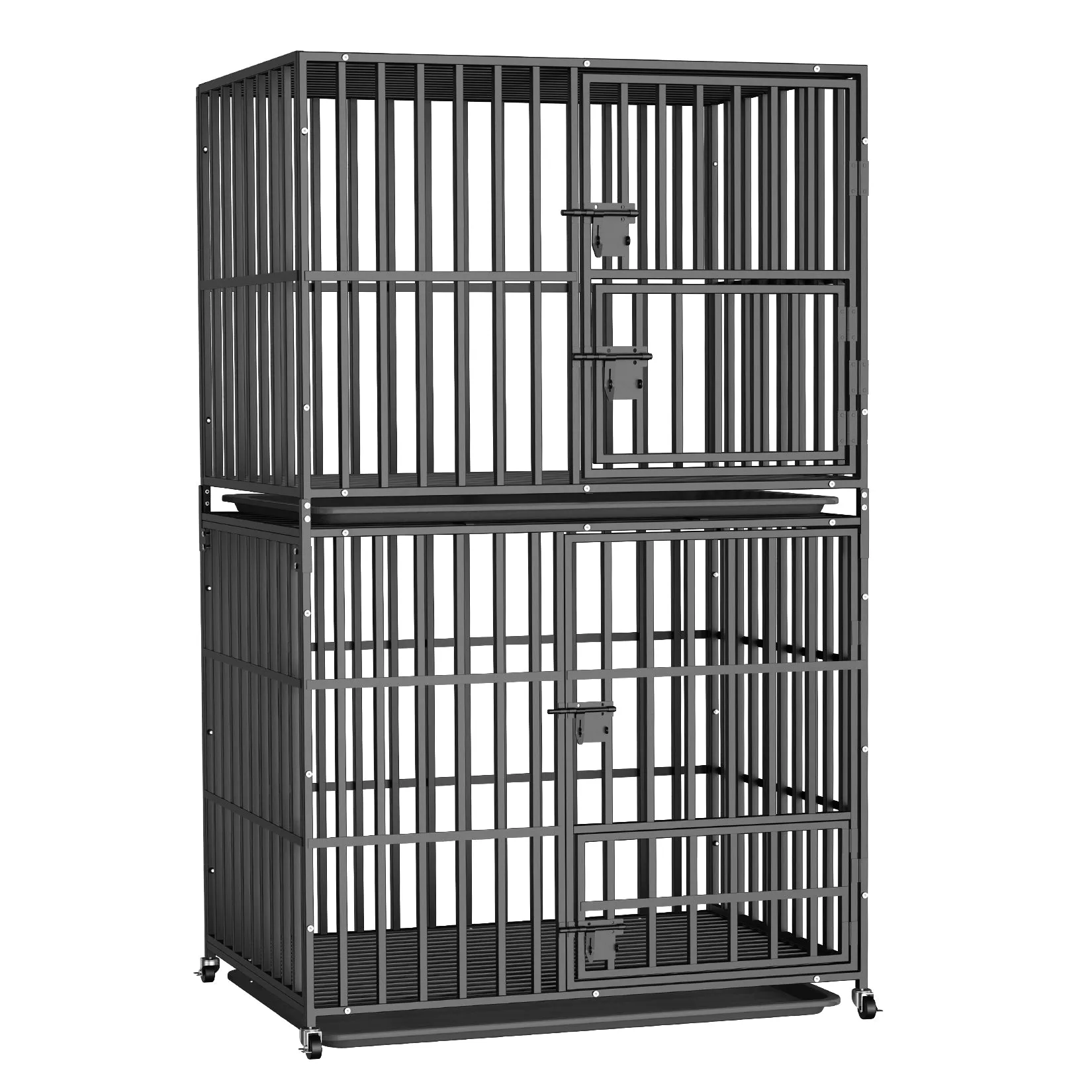 Stackable Dog Cage: Heavy Metal Dog Kennel Square Tube Cage with Double Layers Stackable Pet Crate w/ Casters, Removable Tray, Lock Latch