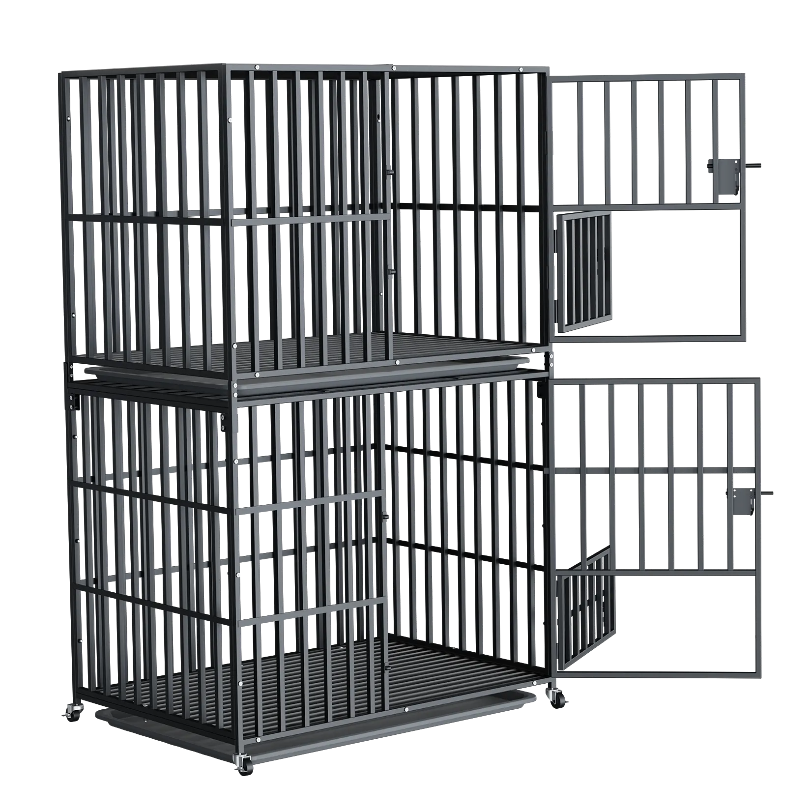 Stackable Dog Cage: Heavy Metal Dog Kennel Square Tube Cage with Double Layers Stackable Pet Crate w/ Casters, Removable Tray, Lock Latch