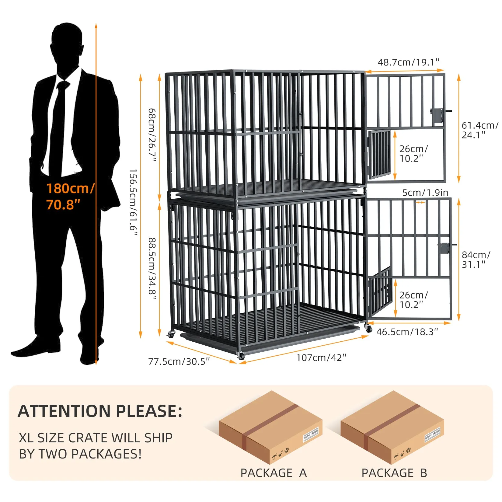 Stackable Dog Cage: Heavy Metal Dog Kennel Square Tube Cage with Double Layers Stackable Pet Crate w/ Casters, Removable Tray, Lock Latch