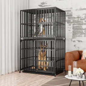 Stackable Dog Cage: Heavy Metal Dog Kennel Square Tube Cage with Double Layers Stackable Pet Crate w/ Casters, Removable Tray, Lock Latch