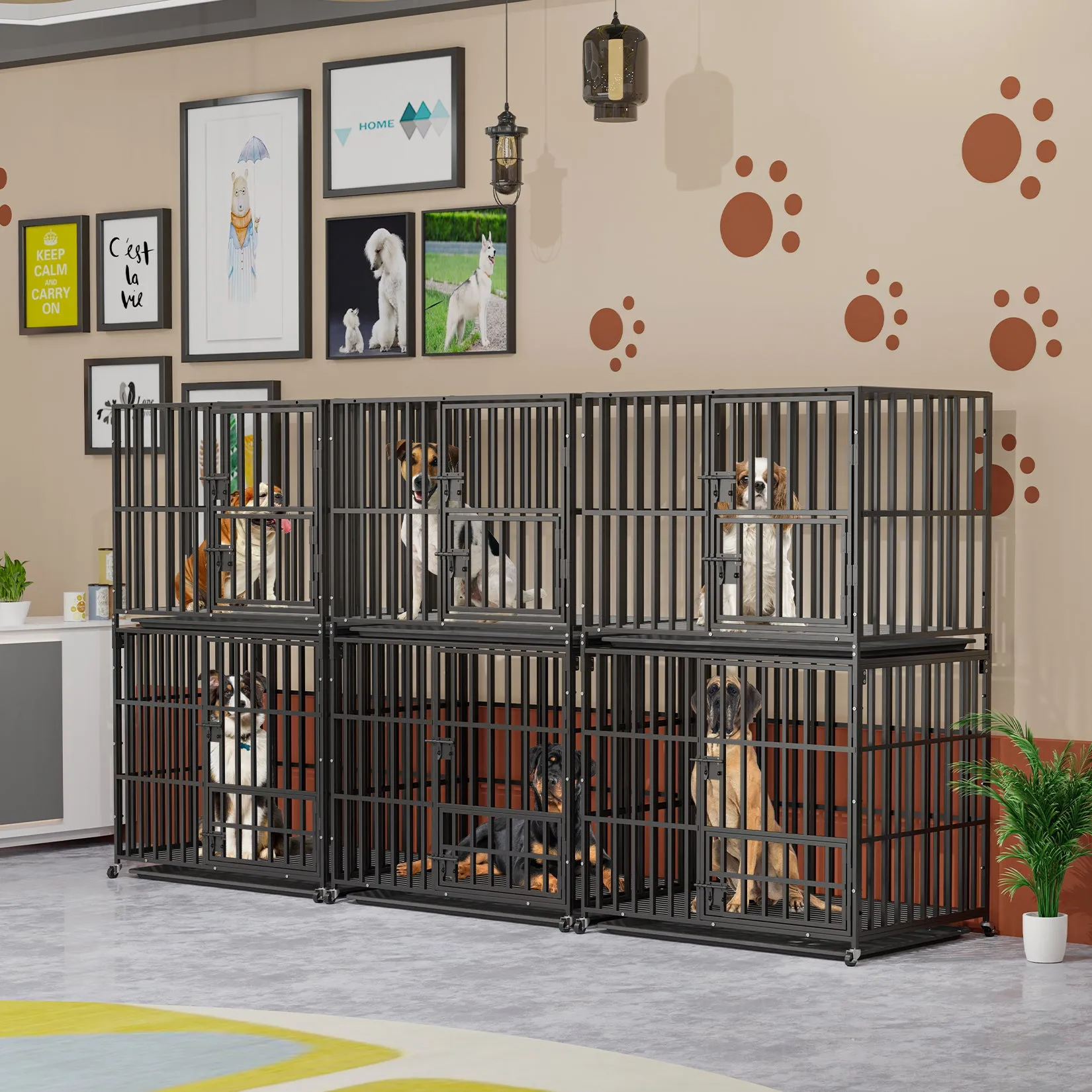 Stackable Dog Cage: Heavy Metal Dog Kennel Square Tube Cage with Double Layers Stackable Pet Crate w/ Casters, Removable Tray, Lock Latch