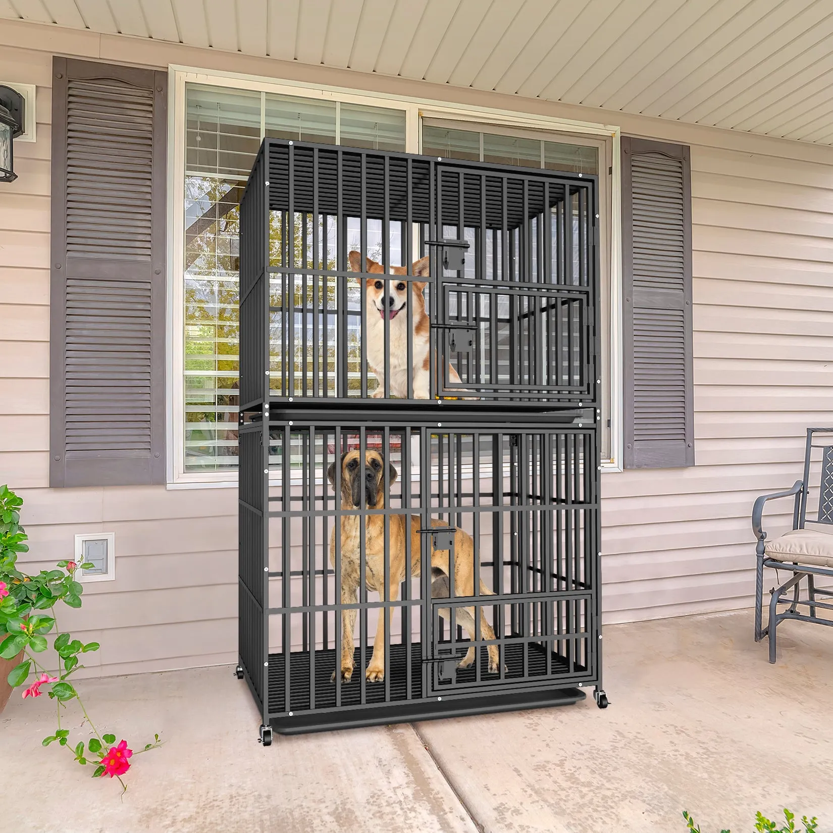 Stackable Dog Cage: Heavy Metal Dog Kennel Square Tube Cage with Double Layers Stackable Pet Crate w/ Casters, Removable Tray, Lock Latch