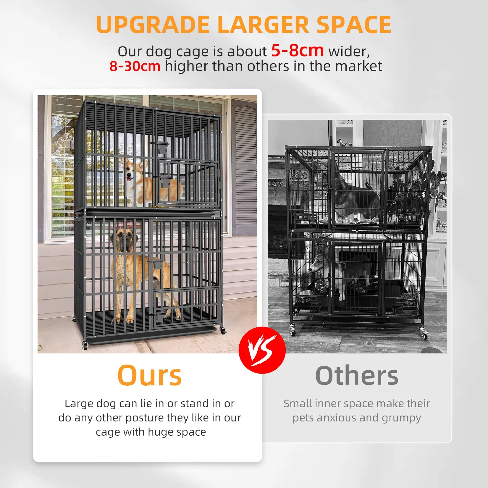 Stackable Dog Cage: Heavy Metal Dog Kennel Square Tube Cage with Double Layers Stackable Pet Crate w/ Casters, Removable Tray, Lock Latch