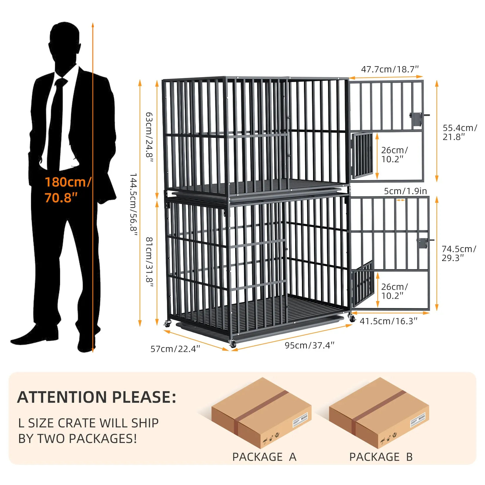 Stackable Dog Cage: Heavy Metal Dog Kennel Square Tube Cage with Double Layers Stackable Pet Crate w/ Casters, Removable Tray, Lock Latch