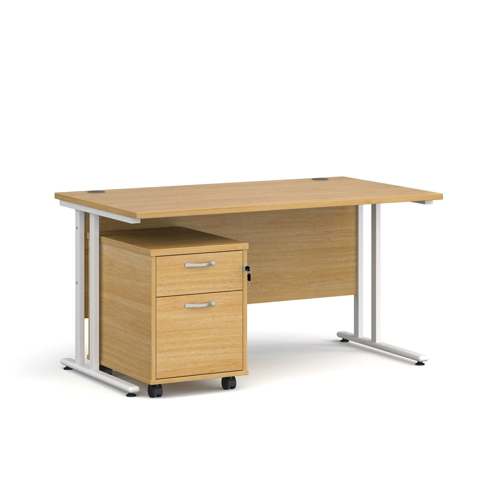 Straight desk 800mm deep with 2 drawer pedestal - rectangle desk in white, walnut, grey oak, oak and beech