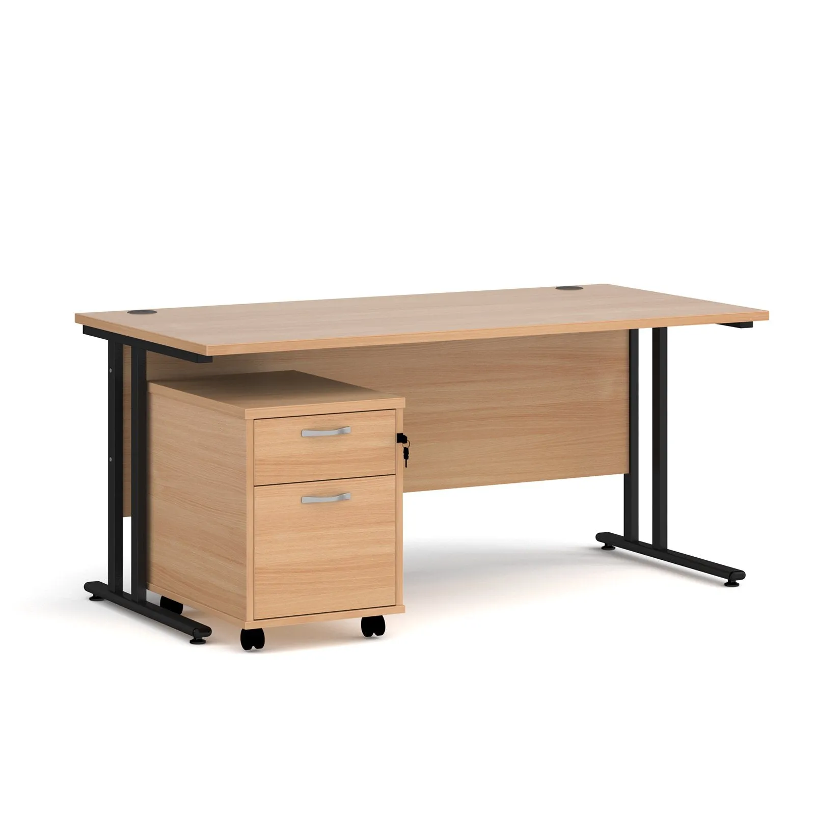 Straight desk 800mm deep with 2 drawer pedestal - rectangle desk in white, walnut, grey oak, oak and beech