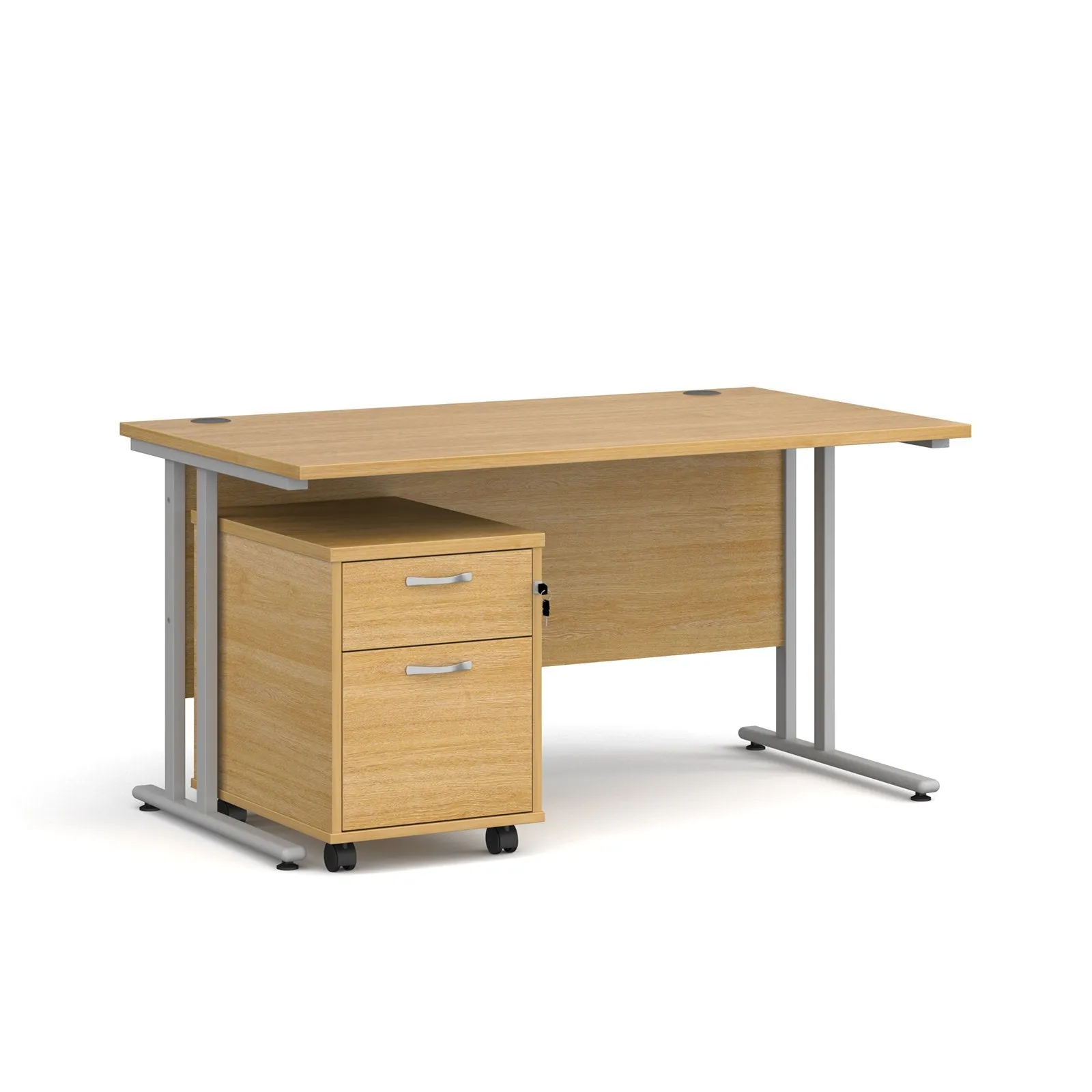 Straight desk 800mm deep with 2 drawer pedestal - rectangle desk in white, walnut, grey oak, oak and beech