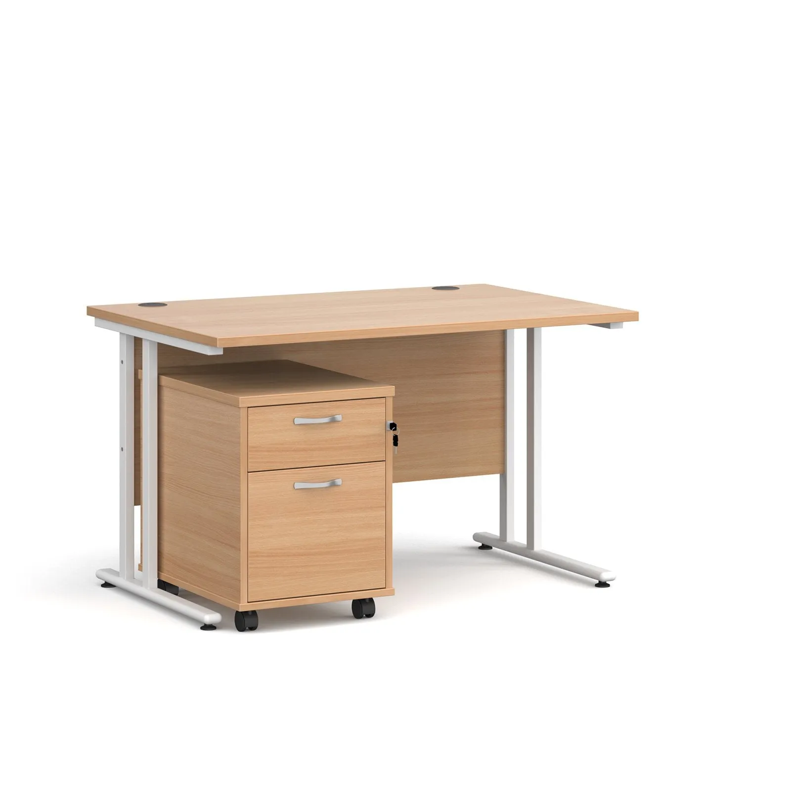 Straight desk 800mm deep with 2 drawer pedestal - rectangle desk in white, walnut, grey oak, oak and beech
