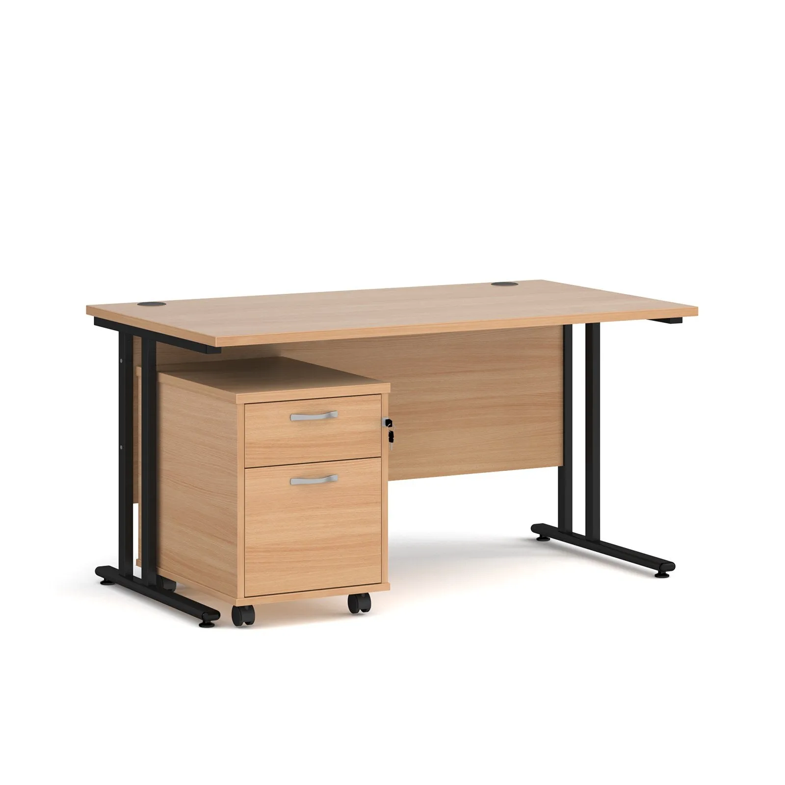 Straight desk 800mm deep with 2 drawer pedestal - rectangle desk in white, walnut, grey oak, oak and beech