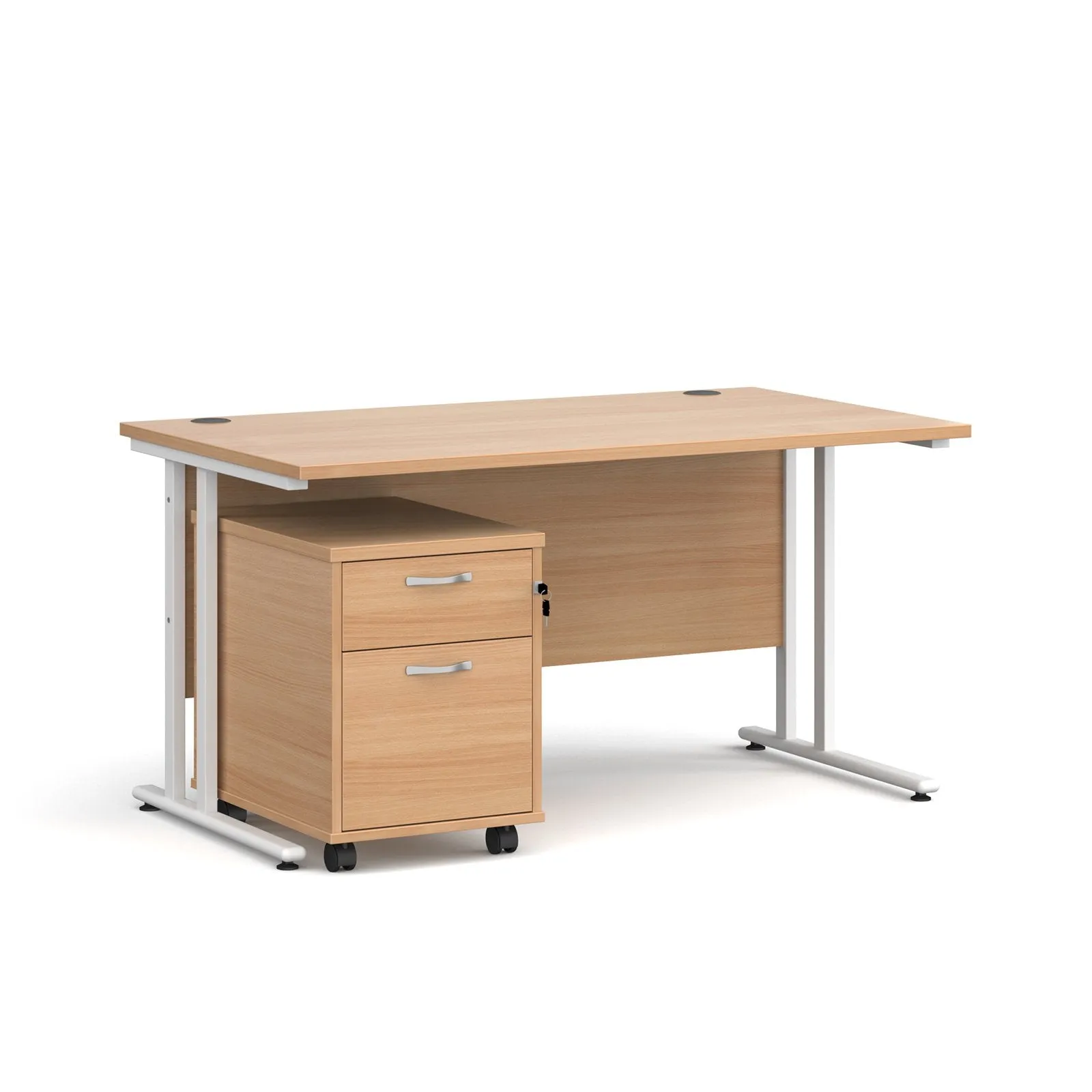 Straight desk 800mm deep with 2 drawer pedestal - rectangle desk in white, walnut, grey oak, oak and beech