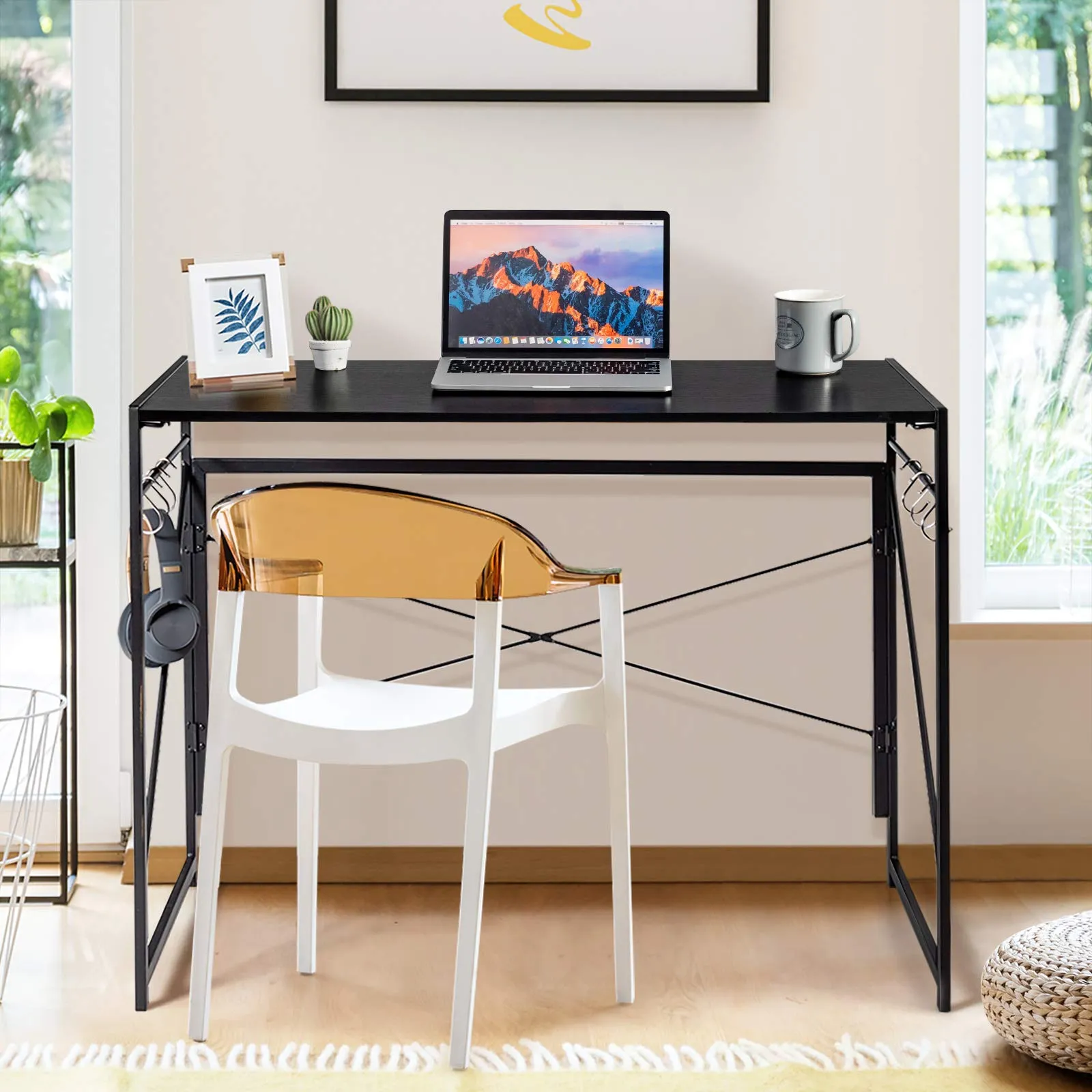 Tangkula Folding Computer Desk, Study Writing Desk with 6 Hooks