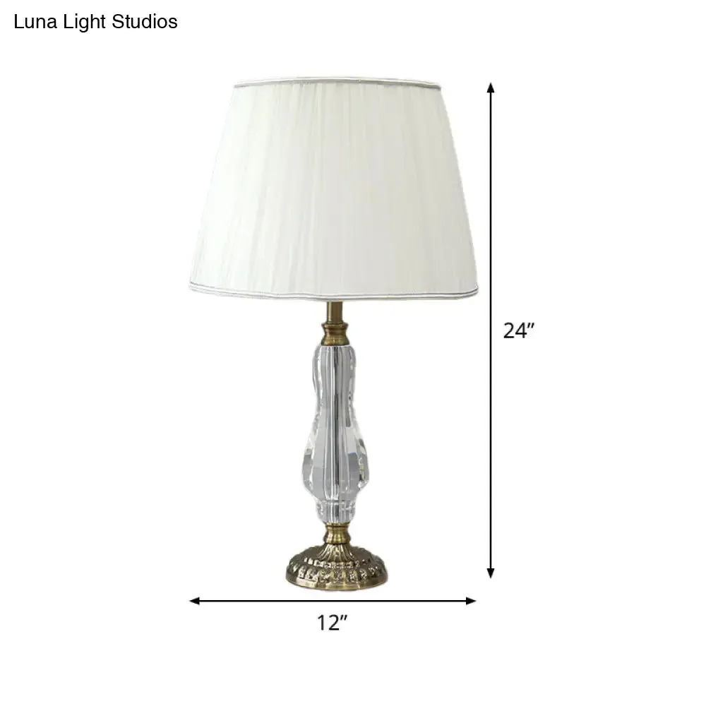 Tapered Drum Crystal Table Light with Contemporary Fabric Shade - Small White Desk Lamp