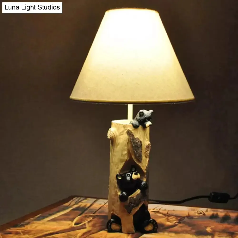 Tapered Fabric Desk Light - Country Style Table Lamp with Bear for Kid's Bedroom