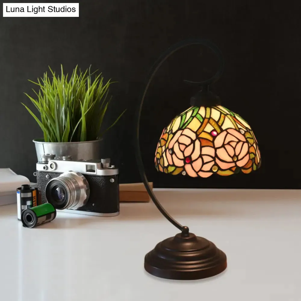 Tiffany Style Dome Cut Glass Table Lamp - Black/White Finish, Rose Pattern Night Light