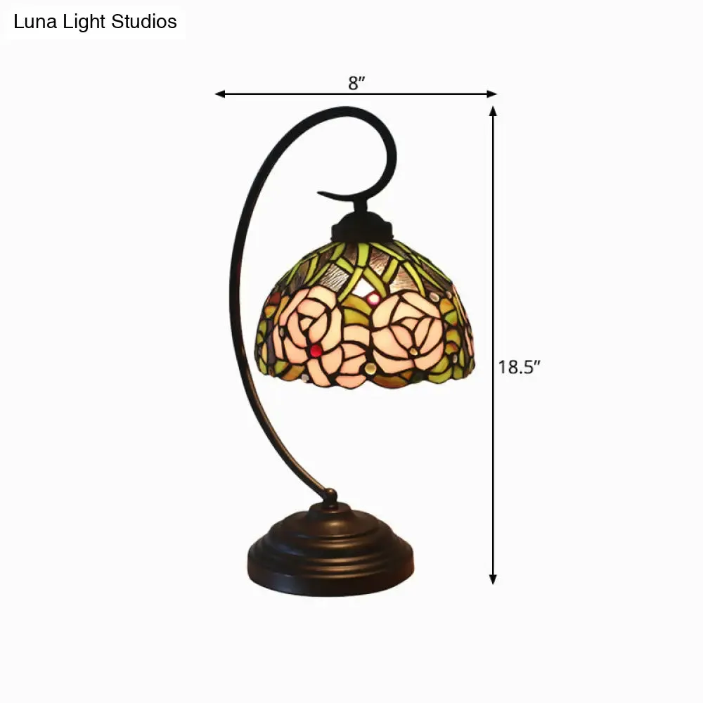 Tiffany Style Dome Cut Glass Table Lamp - Black/White Finish, Rose Pattern Night Light