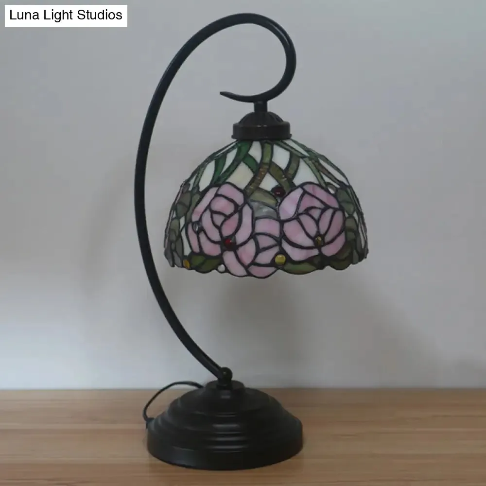 Tiffany Style Dome Cut Glass Table Lamp - Black/White Finish, Rose Pattern Night Light