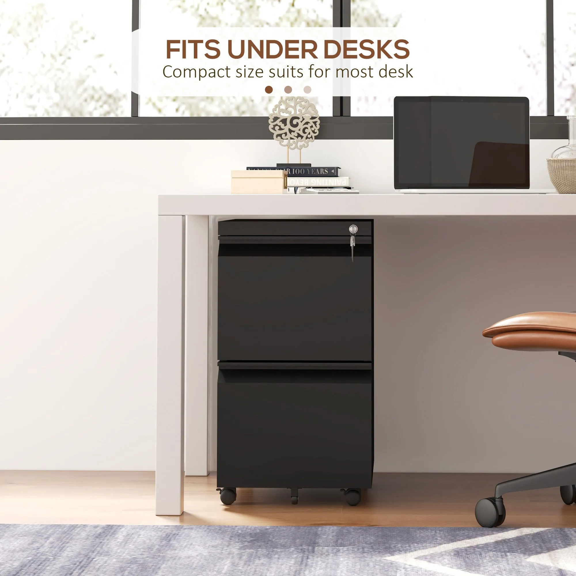 Vinsetto Black 2-Drawer Mobile Filing Cabinet on Wheels, Steel Lockable File Cabinet with Adjustable Hanging Bar for Letter, A4 and Legal Size