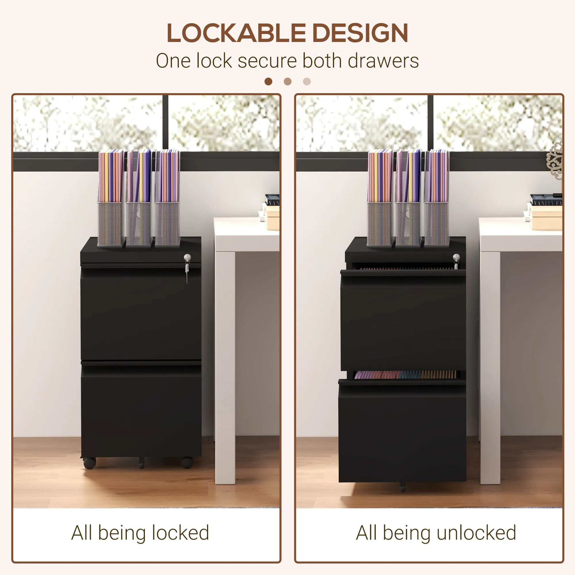 Vinsetto Black 2-Drawer Mobile Filing Cabinet on Wheels, Steel Lockable File Cabinet with Adjustable Hanging Bar for Letter, A4 and Legal Size