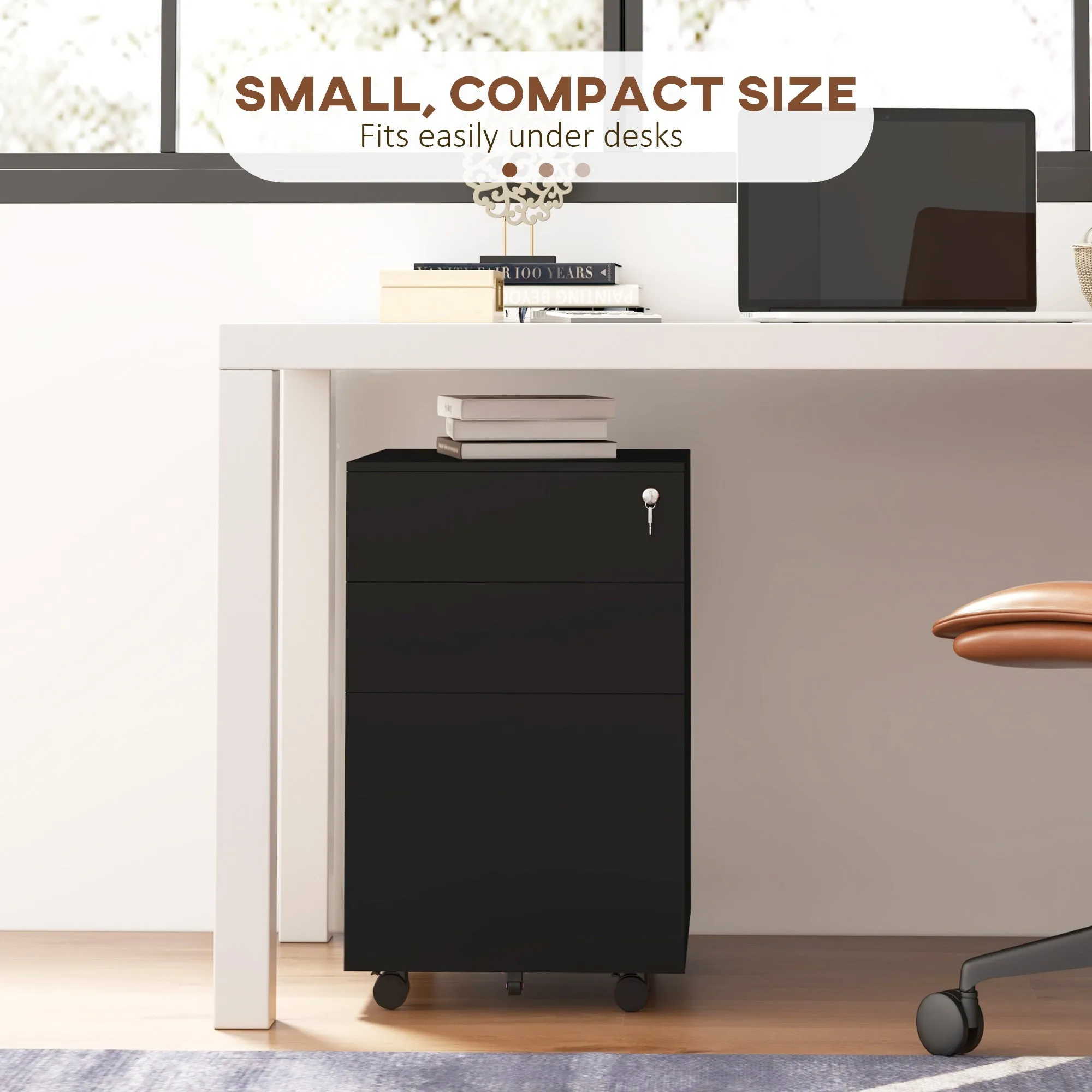 Vinsetto Black 3-Drawer Vertical Filing Cabinet with Lock and Pencil Tray, Steel Mobile File Cabinet with Adjustable Hanging Bar for A4, Legal and Letter Size