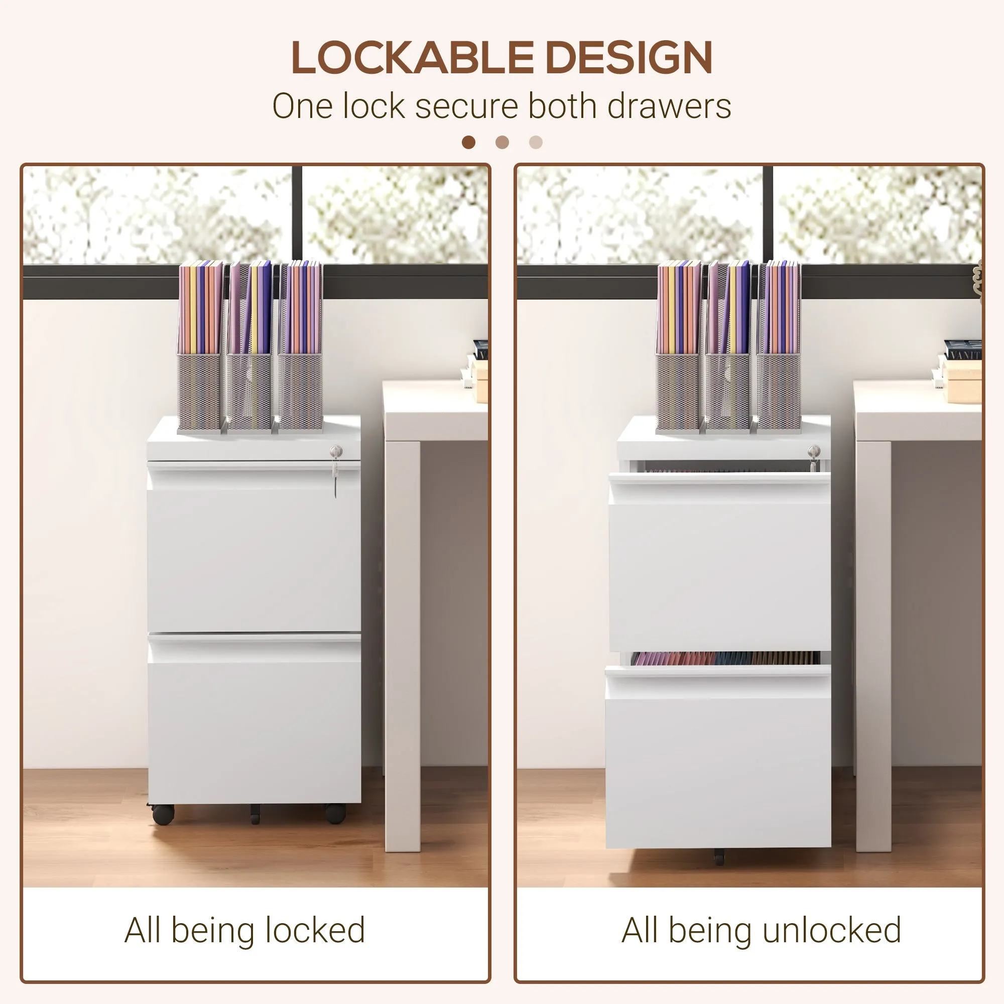 Vinsetto White 2-Drawer Mobile Filing Cabinet on Wheels, Steel Lockable File Cabinet with Adjustable Hanging Bar for Letter, A4 and Legal Size