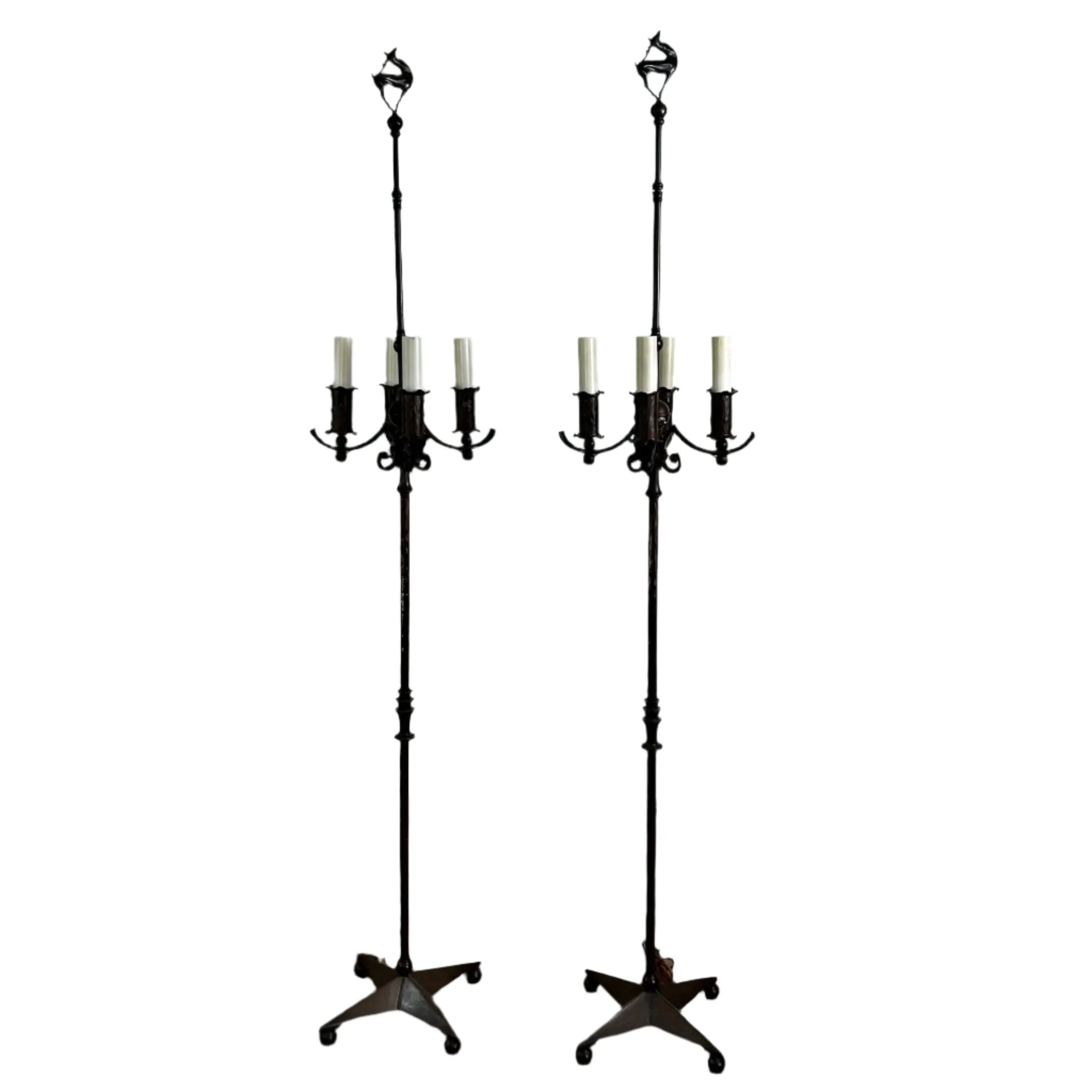 Vintage Ornate Floor Lamp with Four Candle Lights and Deer Finial