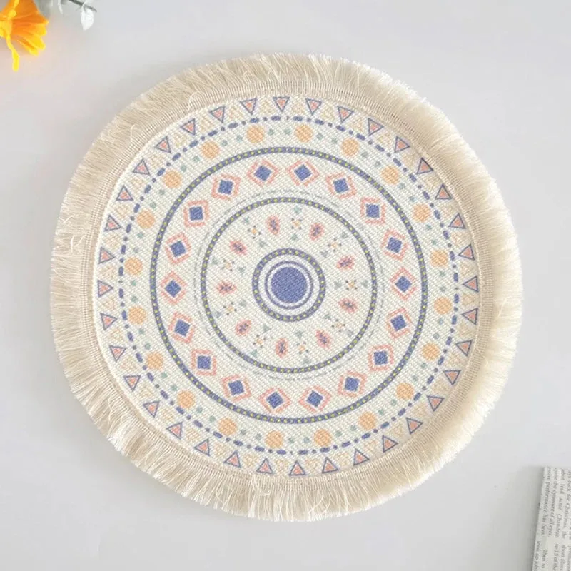 Wenkouban Bohemian Round Placemats Simple Handwoven Jute Placemats Coasters Vintage Cotton Linen Mats Vase Mats Kitchen Accessories