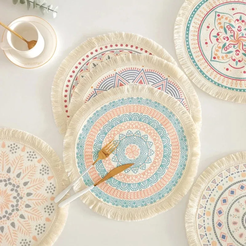 Wenkouban Bohemian Round Placemats Simple Handwoven Jute Placemats Coasters Vintage Cotton Linen Mats Vase Mats Kitchen Accessories