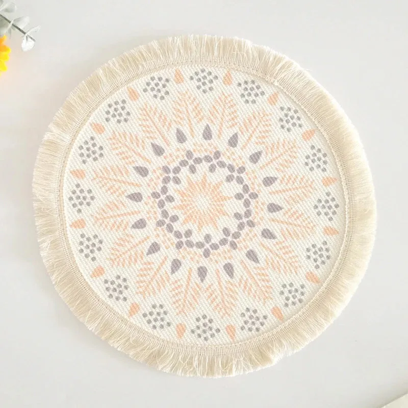Wenkouban Bohemian Round Placemats Simple Handwoven Jute Placemats Coasters Vintage Cotton Linen Mats Vase Mats Kitchen Accessories