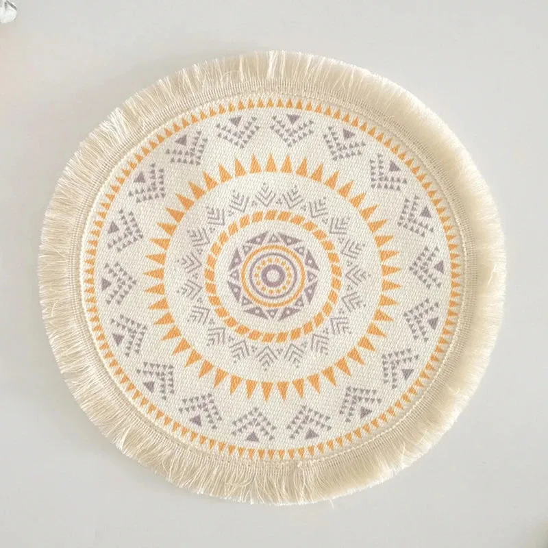 Wenkouban Bohemian Round Placemats Simple Handwoven Jute Placemats Coasters Vintage Cotton Linen Mats Vase Mats Kitchen Accessories