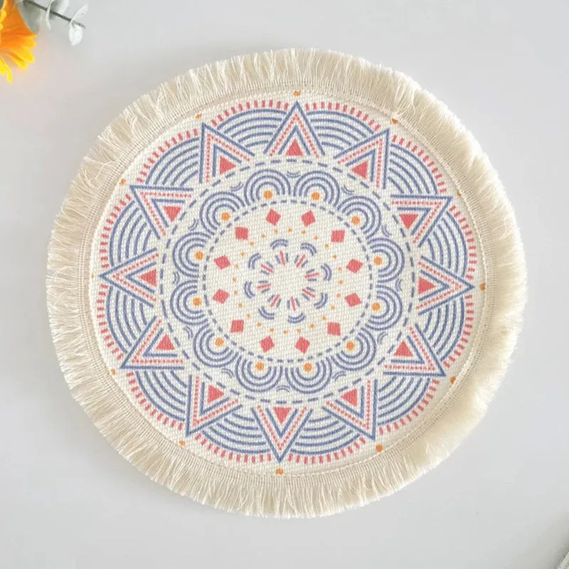 Wenkouban Bohemian Round Placemats Simple Handwoven Jute Placemats Coasters Vintage Cotton Linen Mats Vase Mats Kitchen Accessories