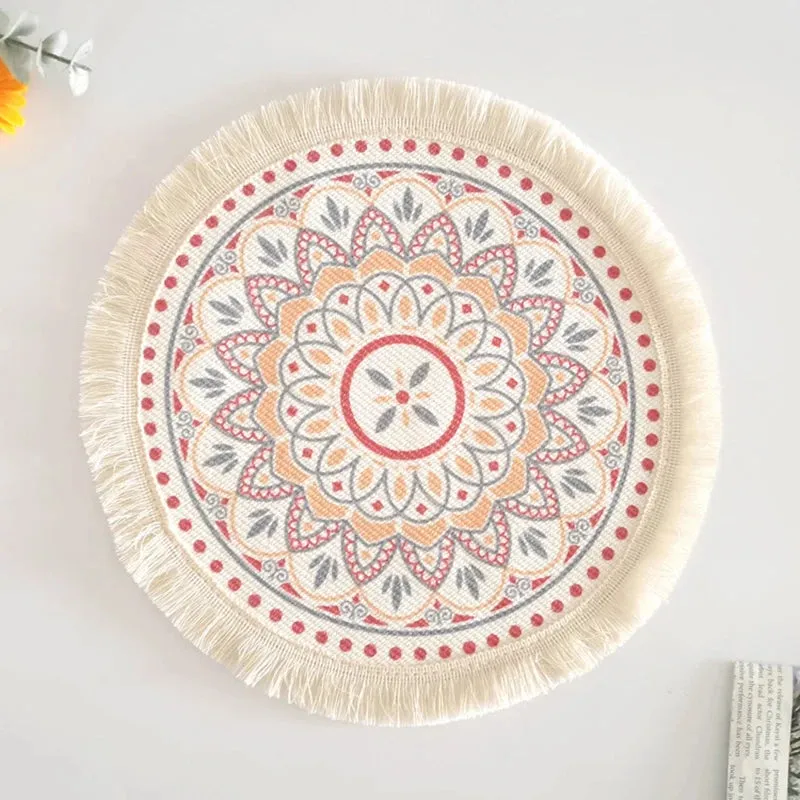 Wenkouban Bohemian Round Placemats Simple Handwoven Jute Placemats Coasters Vintage Cotton Linen Mats Vase Mats Kitchen Accessories