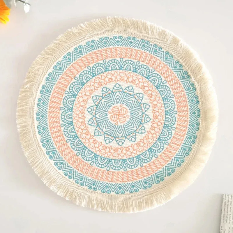 Wenkouban Bohemian Round Placemats Simple Handwoven Jute Placemats Coasters Vintage Cotton Linen Mats Vase Mats Kitchen Accessories