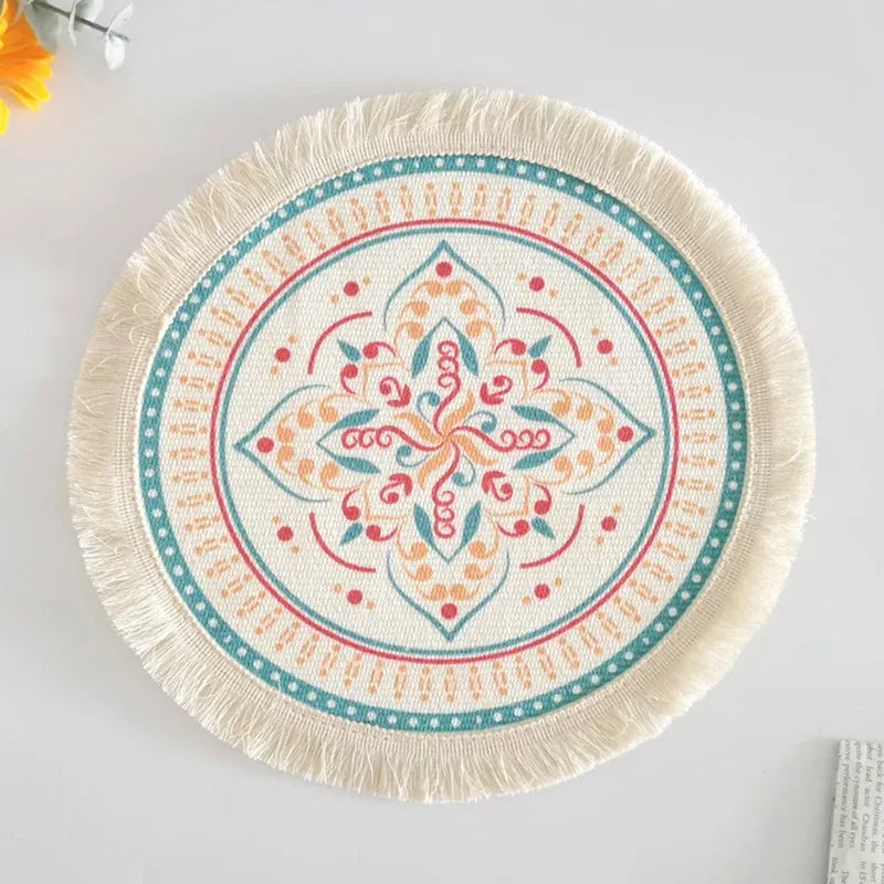 Wenkouban Bohemian Round Placemats Simple Handwoven Jute Placemats Coasters Vintage Cotton Linen Mats Vase Mats Kitchen Accessories